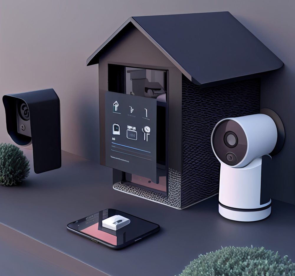 a smart home security system on a table next to a smartphone and an air puer with the wi - fi