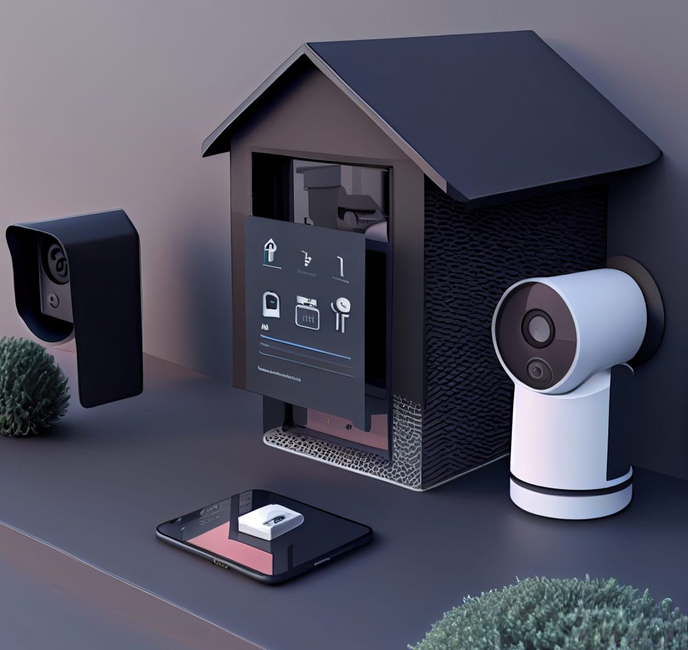 a smart home security system on a table next to a smartphone and an air puer with the wi - fi